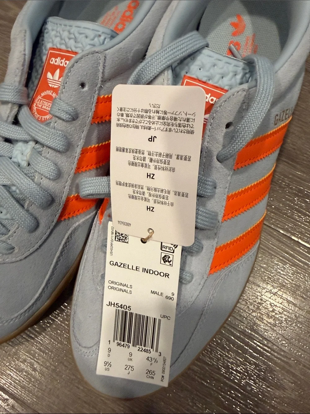 adidas gazelle indoor — baby blue with Bright Orange Stripes
